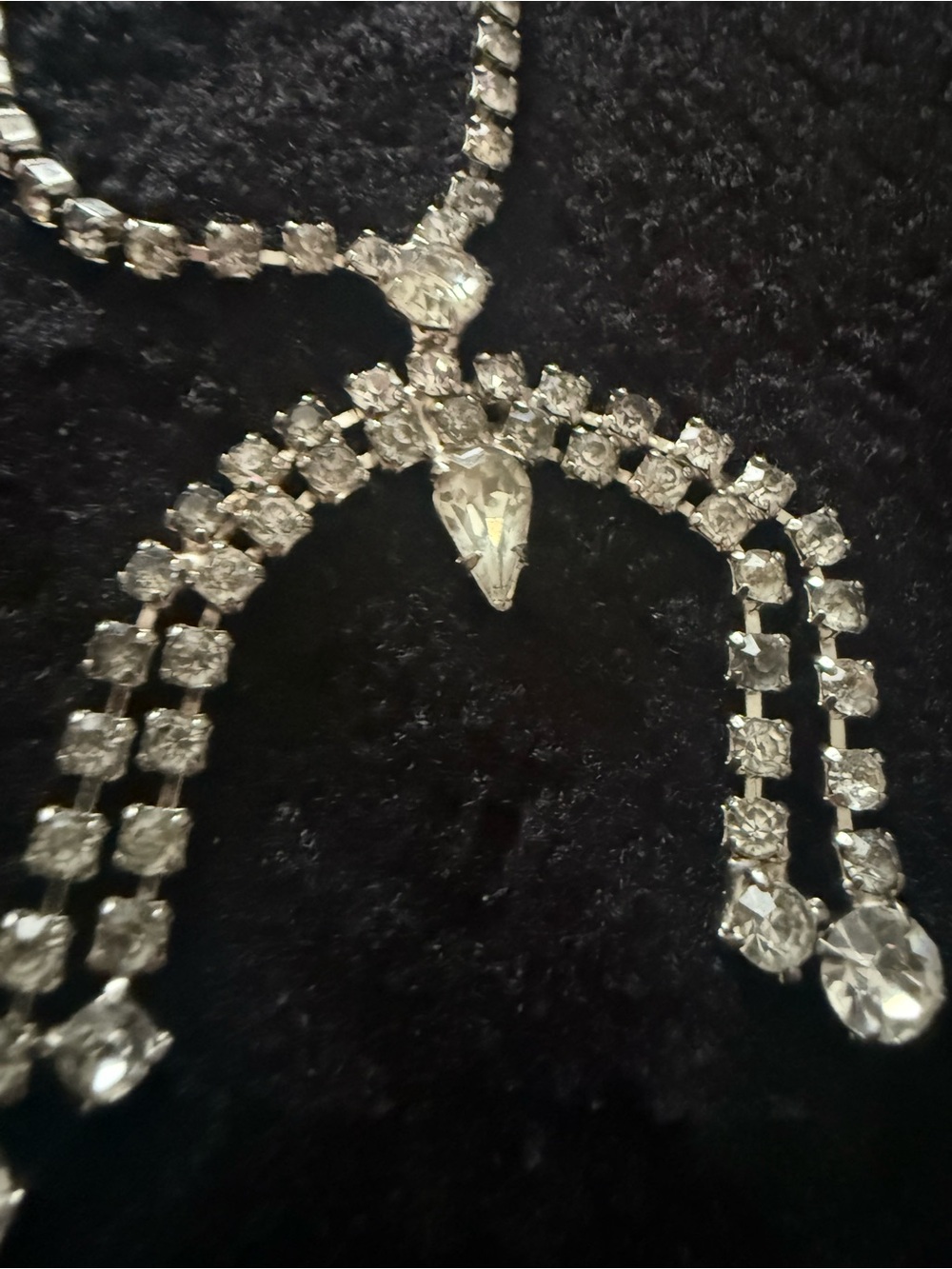 Vintage 1950s Rhinestone Bib Necklace Clear Crystal Dangle Statement